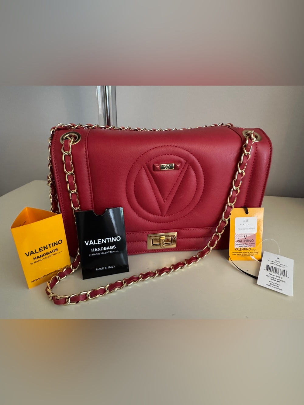 Valentino by Mario. Red Lipstick. Quilted V-Logo Leather Chain Shoulder Bag